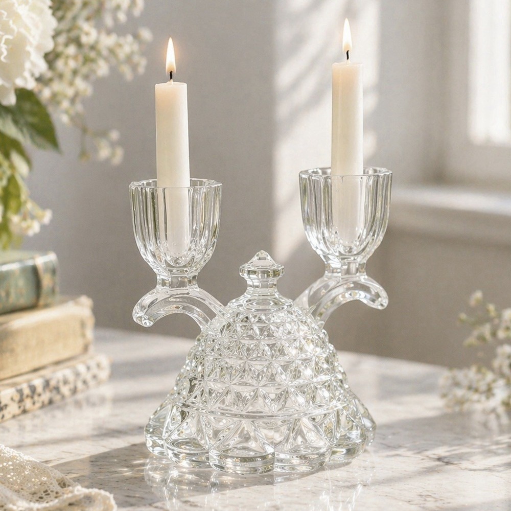 Vintage IMPERIAL Katy Clear Glass Double Candle Holder Lace Edge 4½" Cottagecore